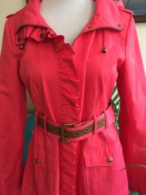 Guess Coral Pink Ruffle Belted Hood Raincoat Jacket